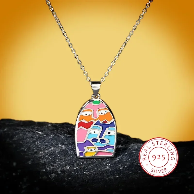 Creative 925 Silver Color Expression Face Pendant Color Enamel Necklace For Ladies Jewelry Sweater Chain Party Birthday Jewelry