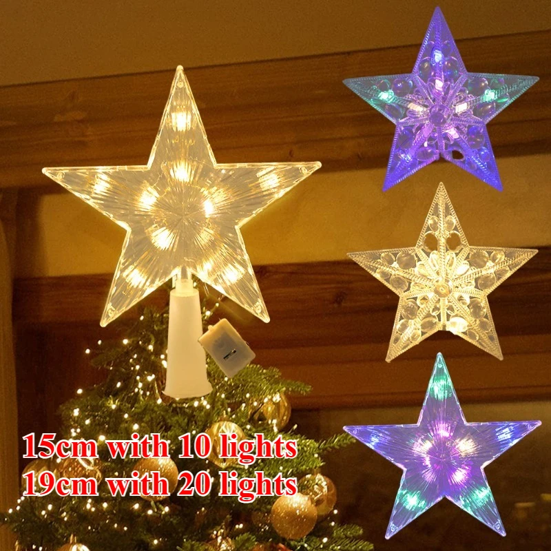 

15/19cm Christmas Glowing Tree Topper Five-pointed Star Transparent LED Shining Lamp Xmas Colorful TopStar Ornaments Decorations