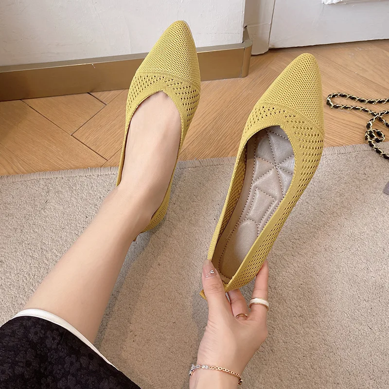 Women Pointed Shallow Flat Heel Shoes Fashion Loafers Soft Bottom Ballet Flats Classic Knit Mesh Non-slip Sole Barefoot Shoes