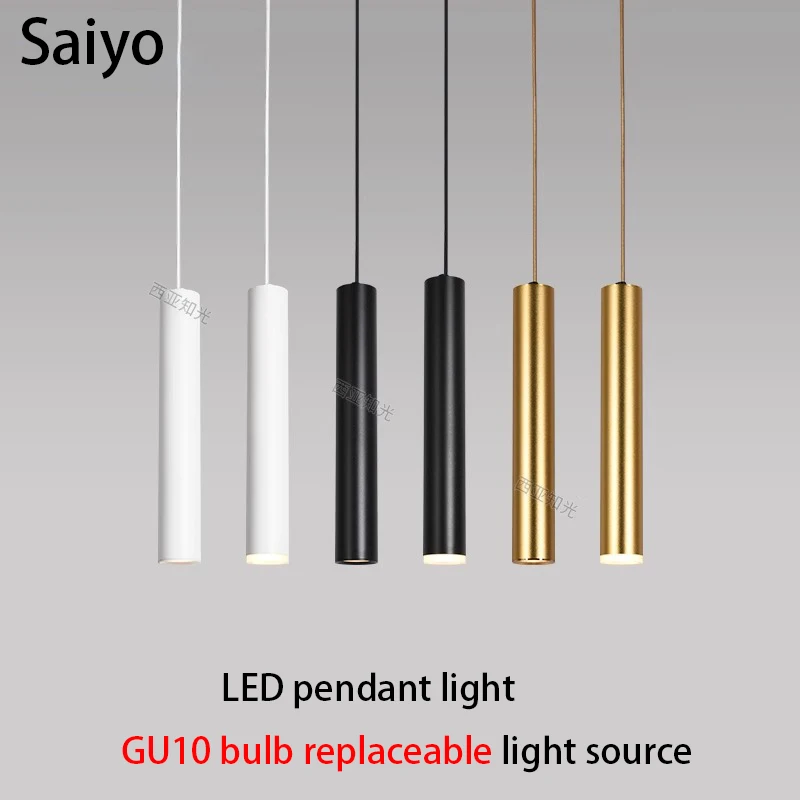 Led Pendant Light GU10 MR16 Changeable Bulb Bedroom Bedside Hanging Ceiling Lamp Long Round Tube Spotlight White Black Gold 7W
