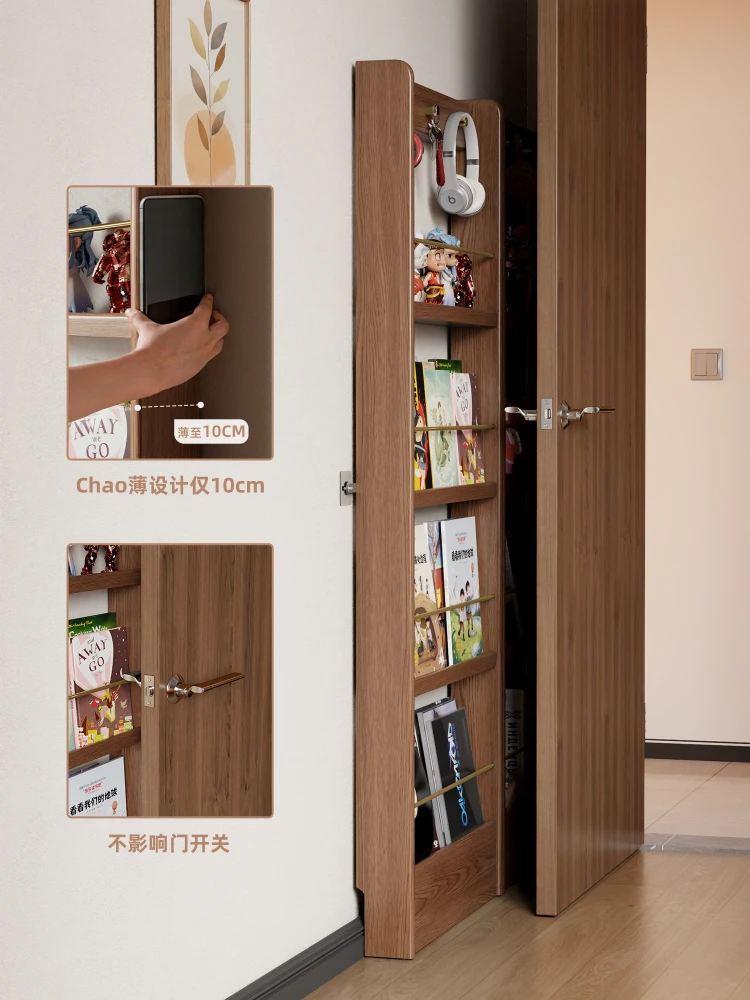 #Solid wood bookshelf Ultra-thin door shelf, narrow floor does not take up space, book magazine shelf, children's picture book