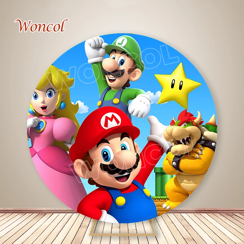 Super Mario Birthday Round Background Boy Birthday Party Backdrop Super Mario Cylinder Cover Baby Shower Decor Photocall Prop