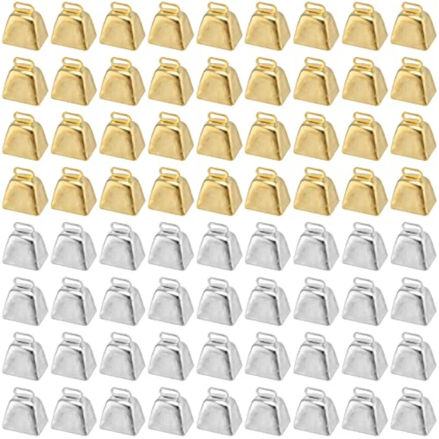 

KEILEOHO 72 PCS Mini Cow Bells Metal Cowbell for Crafts Wind Chimes Wedding Parties Decorations Gold and Silver 1 Inch