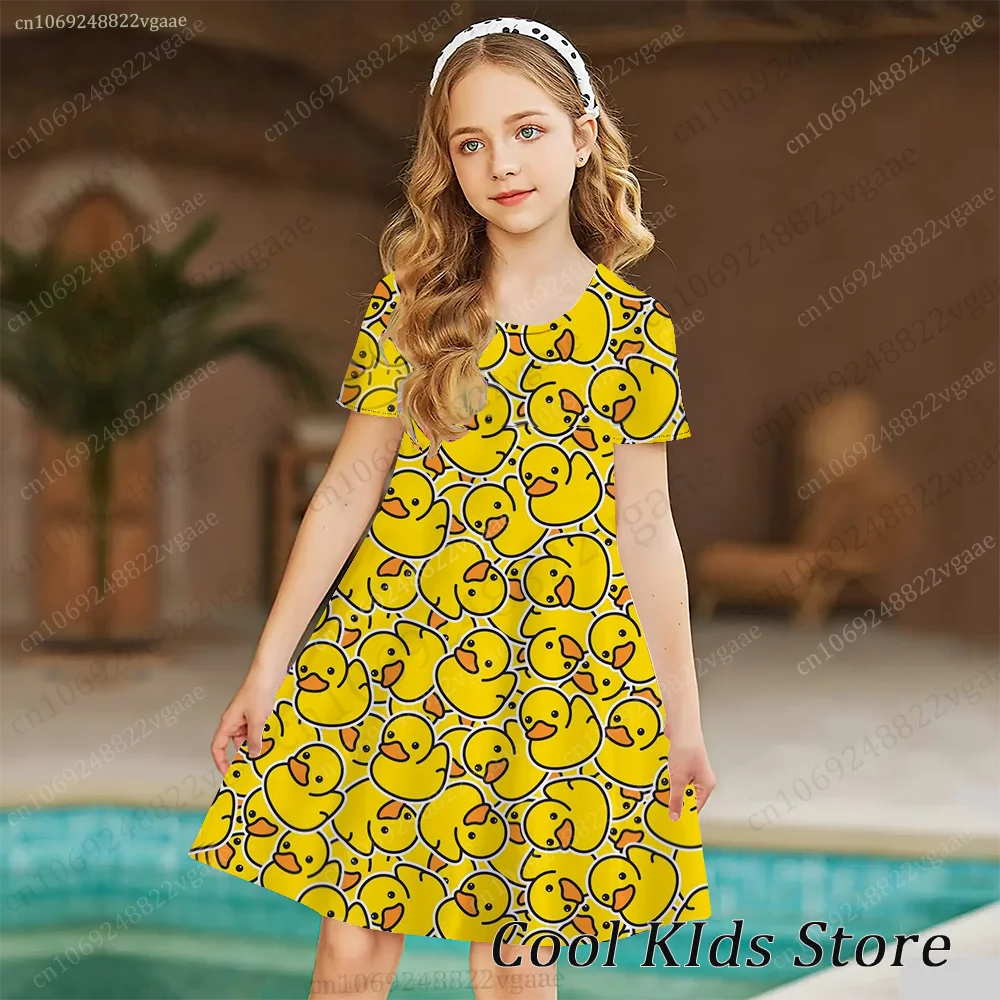 Summer Hawaiian Yellow Duck Princess Dress Girls Women Short Sleeve Costume Party Dresses Children Clothes Vacation Beach Skirt