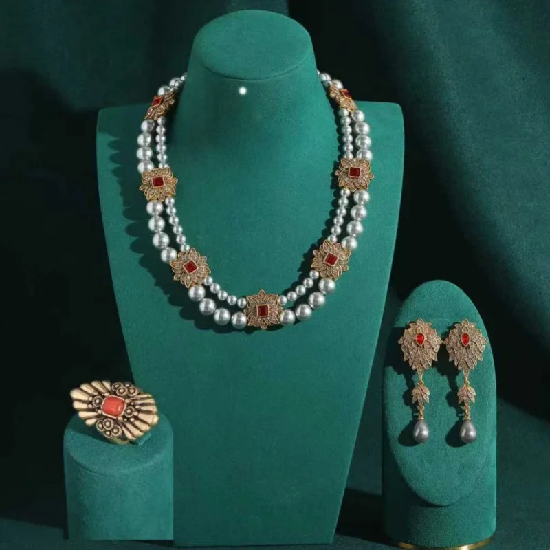 

Vintage Luxury Jewelry Sets Grey Pearl Layered Beads Necklace Red Rhinestone Flower Drop Earring Rings Bohemia 2026 New Trends