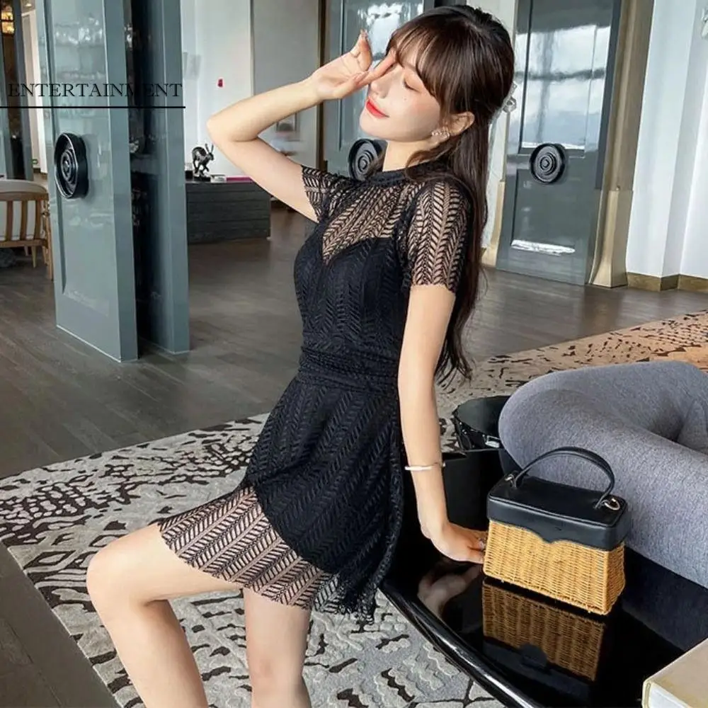 

Mesh Hollow Lace Skirt Swimsuit Transparent Short Sleeve Hot Spring Swimwear Beachwear Backless Swimwear with Padded Summer