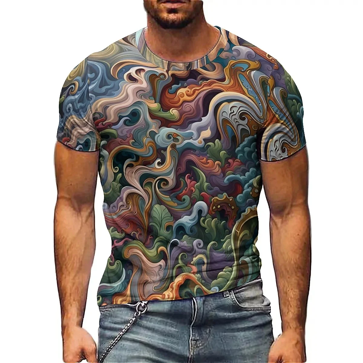 Summer Men's Creative Geometric Abstract Art 3D Printed Short Sleeve T-shirt Street Trendy Fashion Style Round Neck Comfortable