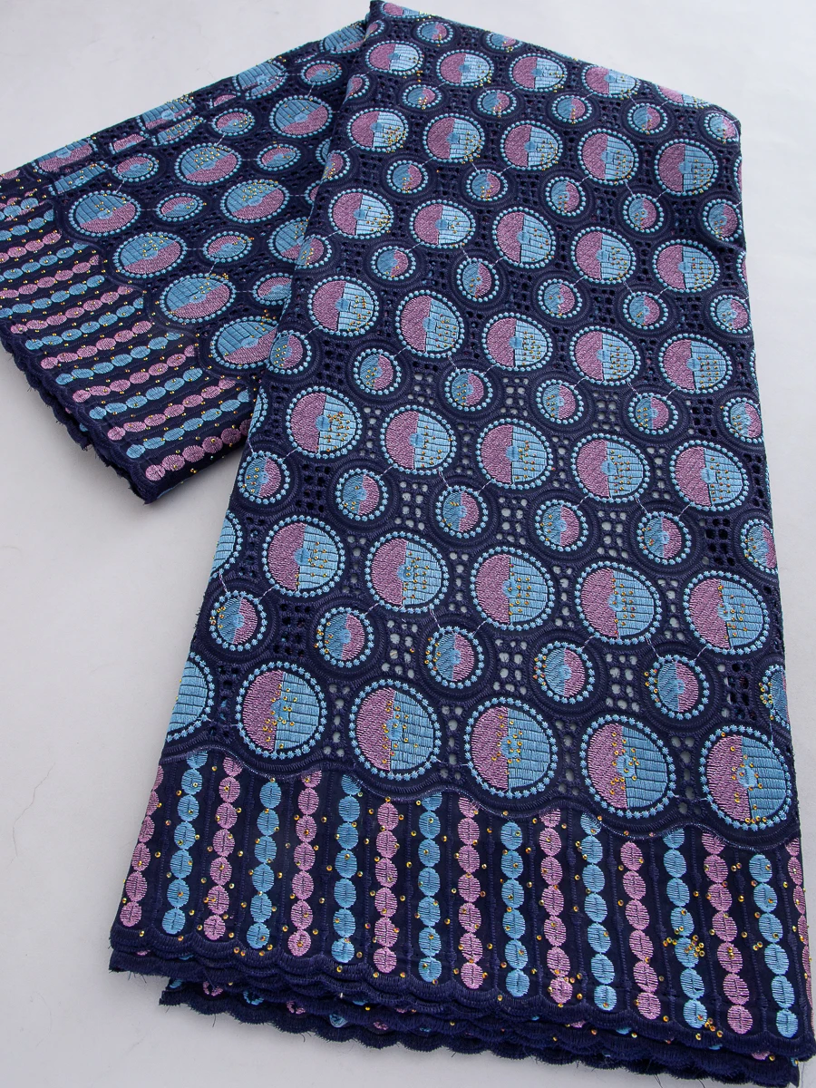 

Luxury Navy Blue & Pink Swiss Voile Lace Fabric, High-Quality Cotton Lace with Rhinestones, For African Formal Dresses