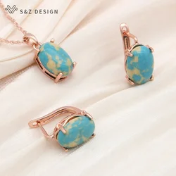 S&Z DESIGN New Oval Synthetic Turquoises Drop Earrings Jewelry Sets For Women Wedding 585 Rose Gold Color Pendant Necklace