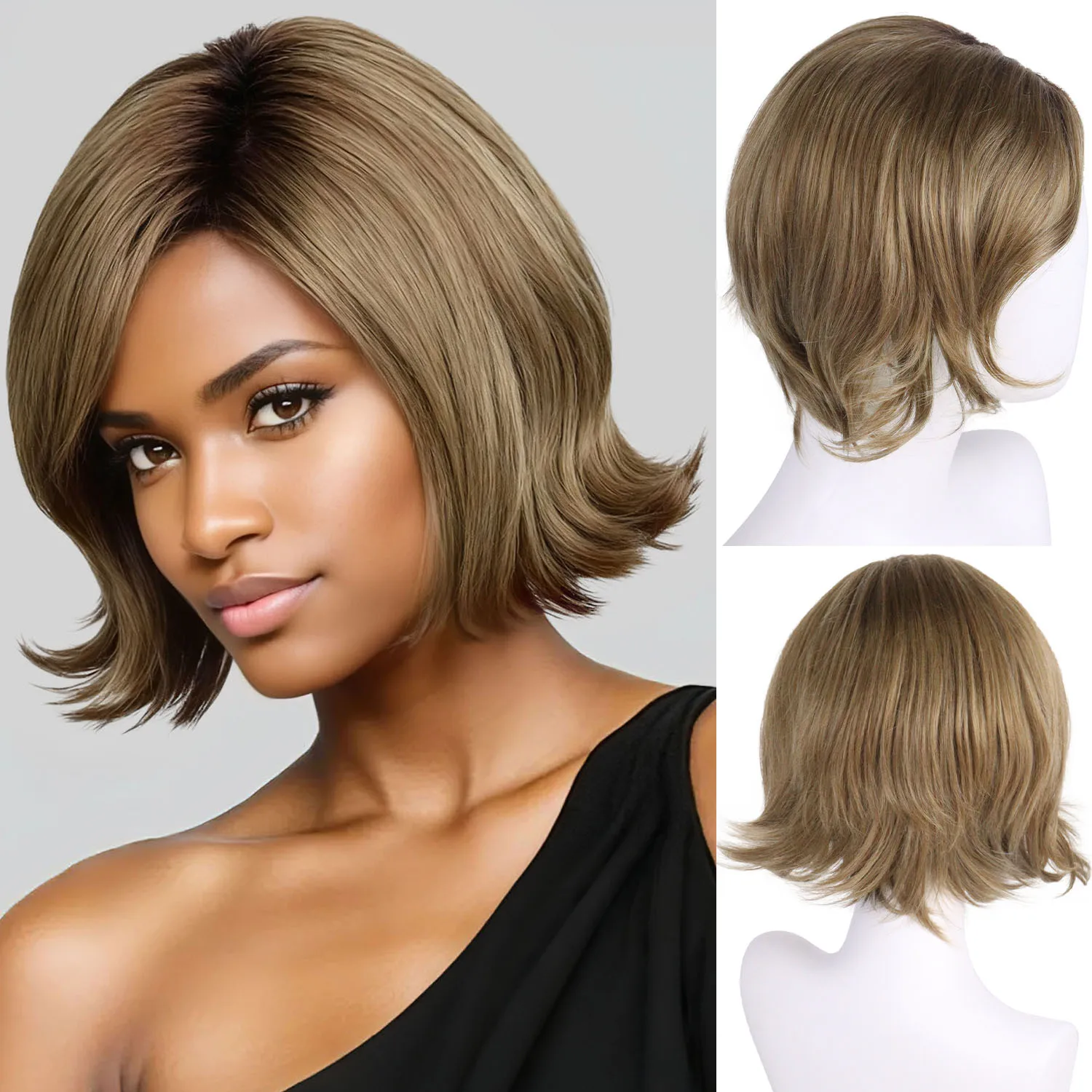 

Синтетический женский короткий вьющийся парик со слегка отвернутыми концами Коричневый парик с боковой челкой Парики для замены волос для мамы на каждый день