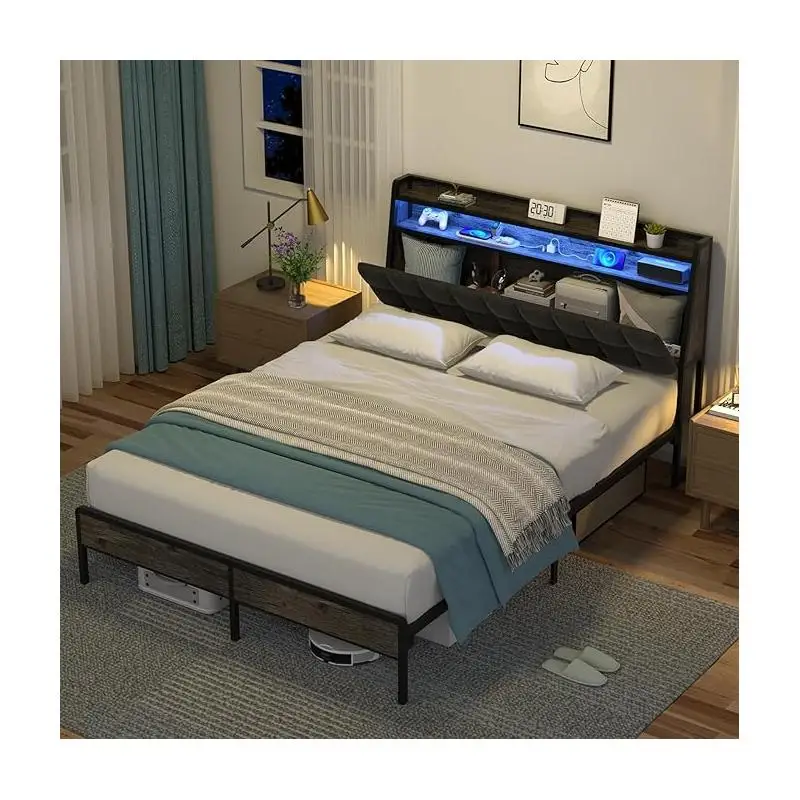 إطار سرير كامل مع لوح رأسي مريح، وحدة تخزين متعددة المساحات، ومحطة شحن، وأضواء LED RGB لغرفة النوم #5
