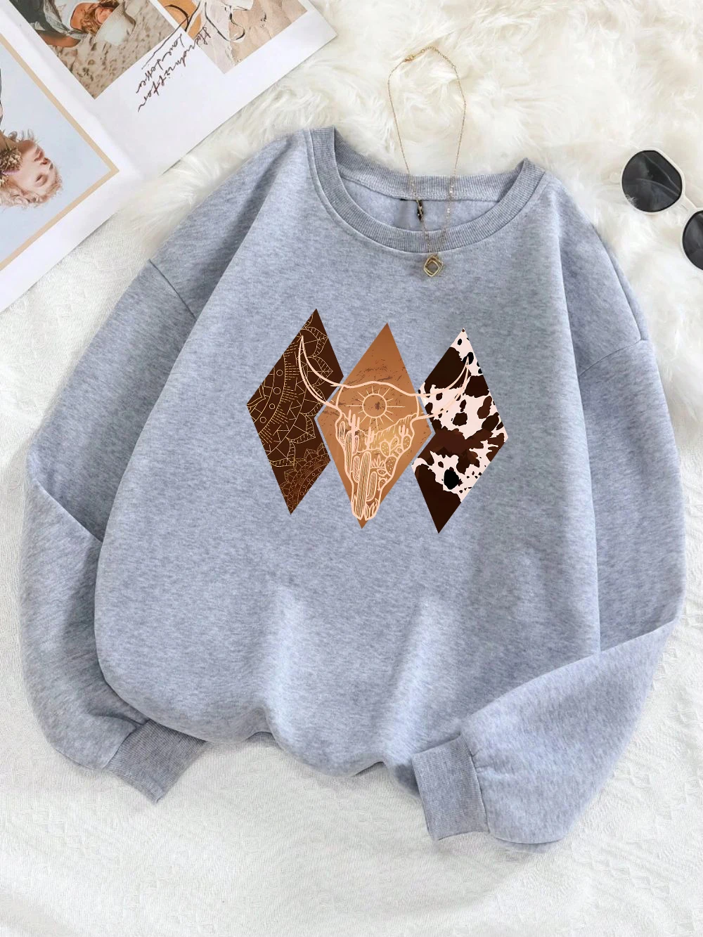 Fashion Women\'s Pullover Cowboy Style Pattern Printed Hoodie Crewneck Soft Warm Breathable Sweatshirt Autumn Winter Female Hoody