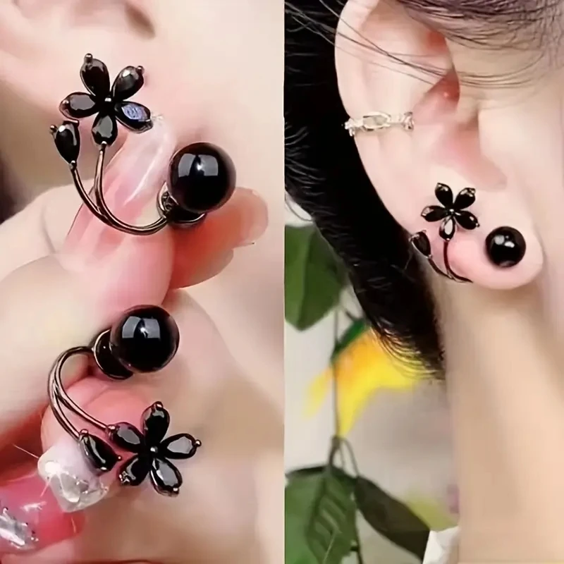 Exquisite Fashion Inlay Black Cubic Zircon Studs Earrings For Women Flower Shape Personality Earrings Low key Cool Style Jewelry