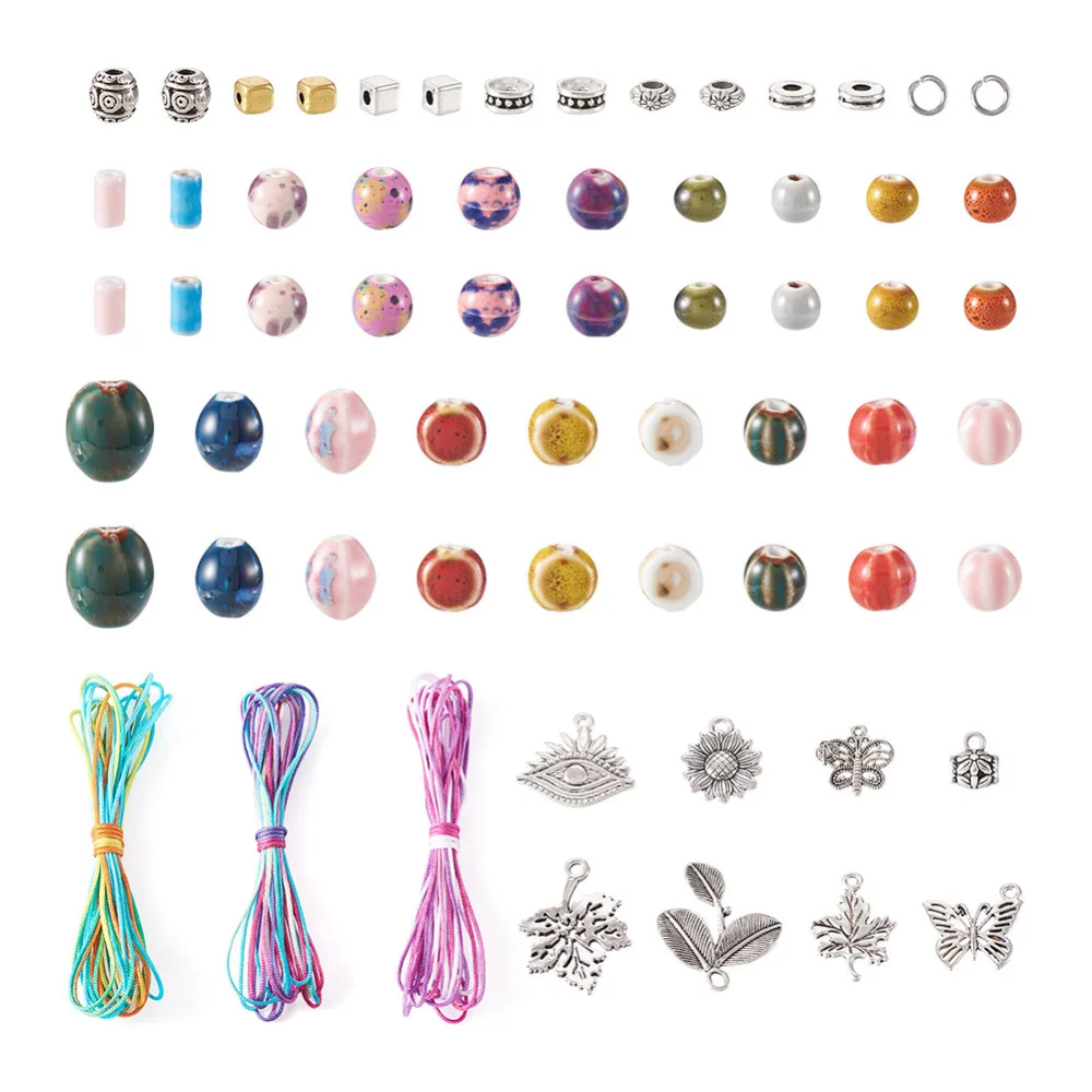 

1Set DIY Braided Bracelet Making Kit with Barrel Round Oval Column Porcelain Beads Leaf Butterfl Alloy Pendants Polyester Thread