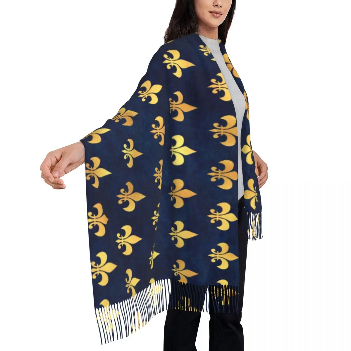 Royal Gold Blue Grunge Fleur De Lis Scarf Women Men Luxury Winter Shawl Wraps Lily Flower Tassel Wraps