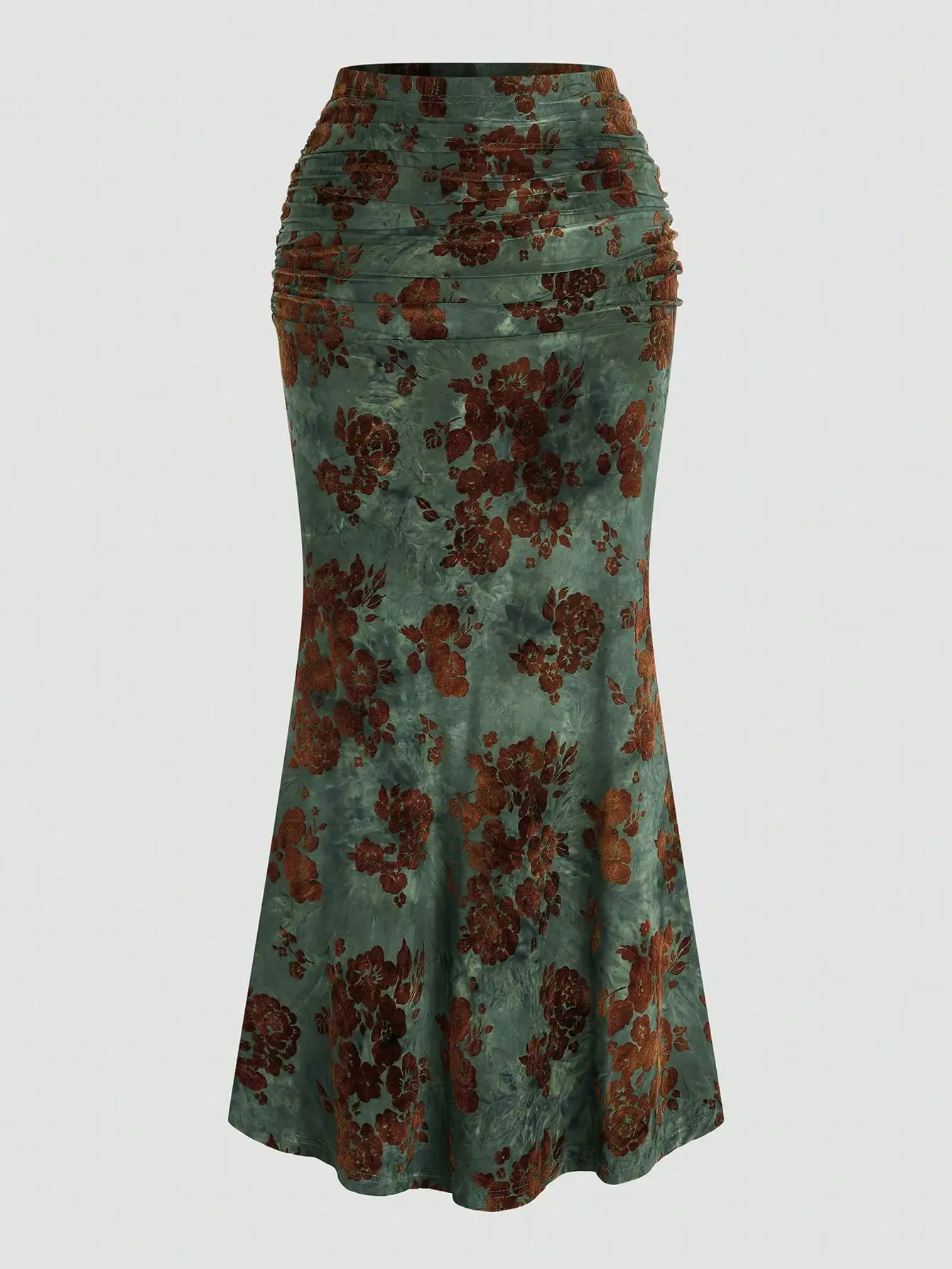 

Винтажная юбка-миди с цветочным принтом и эффектом флок, фасон «рыбий хвост», для женщин — плиссированная юбка больших размеров с драпировкой на талии