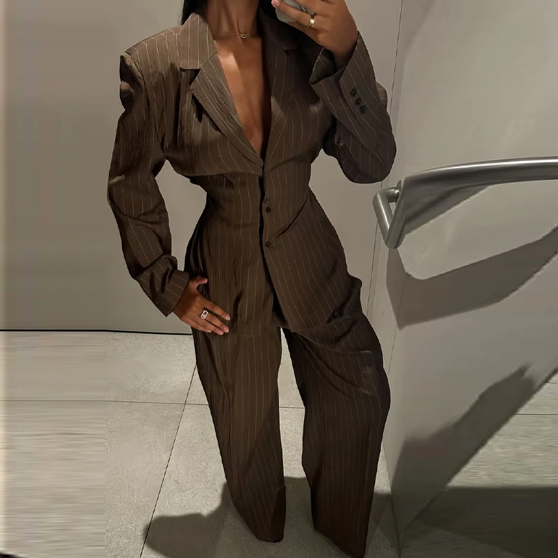 

Женский костюм-двойка 2026: Новинка Весны, Модный Повседневный Офисный Наряд, Элегантный Полосатый Женский Костюм, Шикарный Брючный Костюм с Завязками на Талии, Цвет Кофе