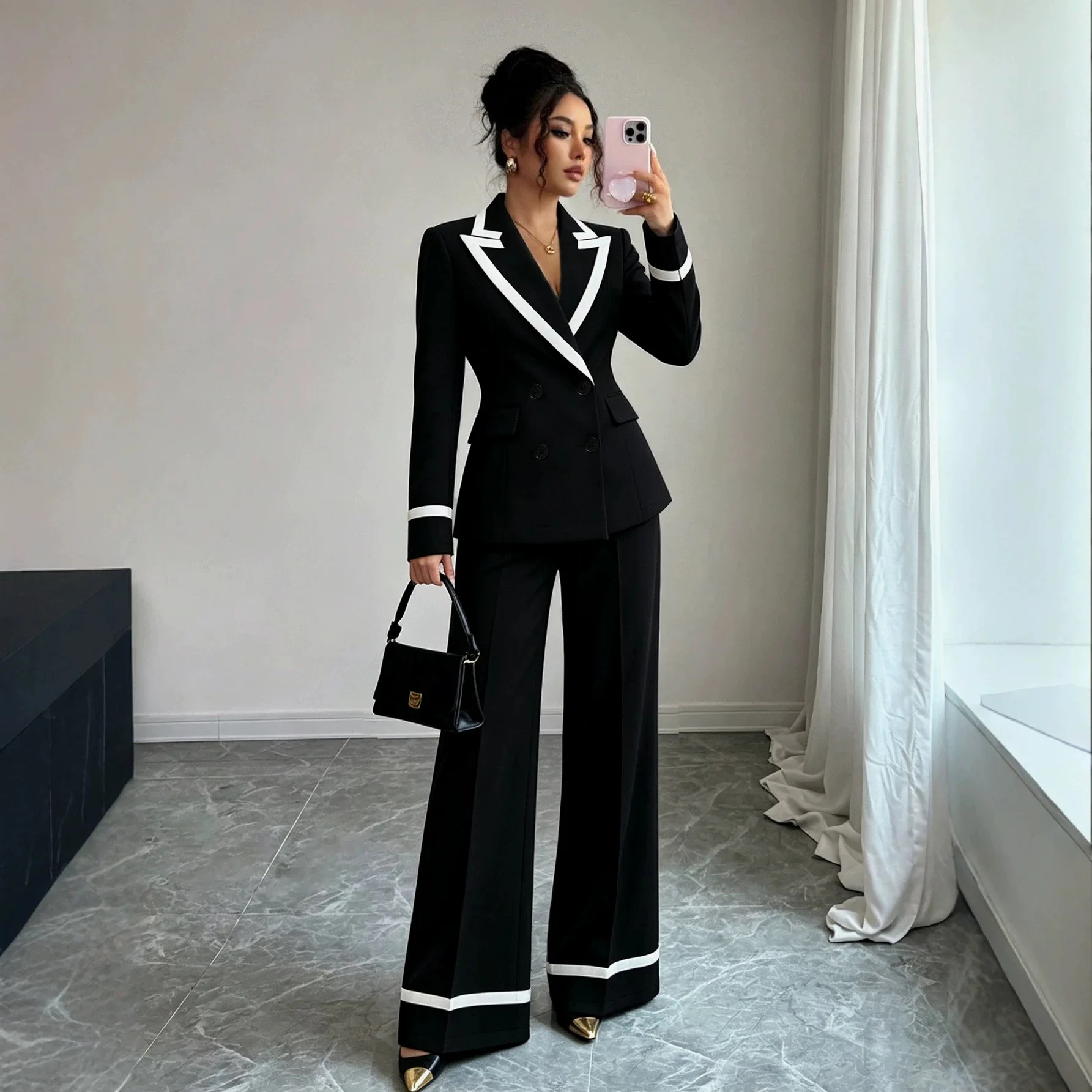 Women's Color-blocked Suit Set With Black And White Trim, Featuring A Fixed Waist And Flowing Fabric, Consisting   Of A Suit