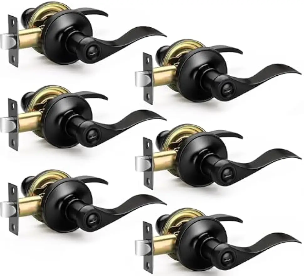 

6 Pack Matte Black Door Handles with Privacy Lock, Heavy Duty Wave Style for Bedroom Bathroom Interior Doors