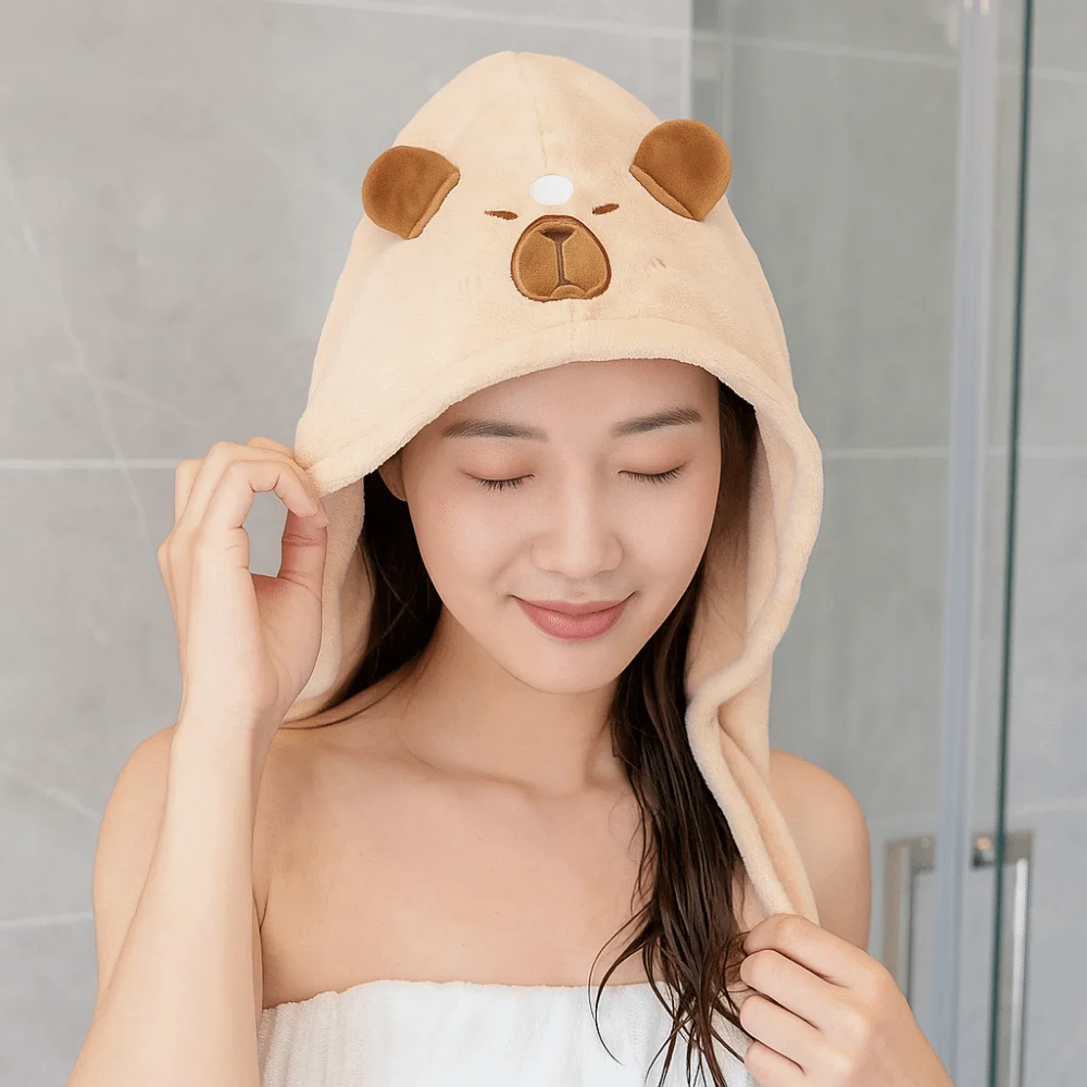 

2 шт., комфортная шапка Kawaii Capybara для сушки волос, мягкая быстросохнущая шапка для ванны, портативная коралловая бархатная суперпоглощающая шапочка после душа