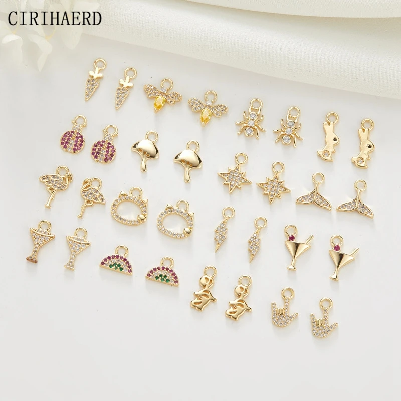 14K Gold Plated Brass Inlaid Zircon Earring Small Pendant DIY Jewelry Making Supplies Animal Plant Charms And Pendants Wholesale