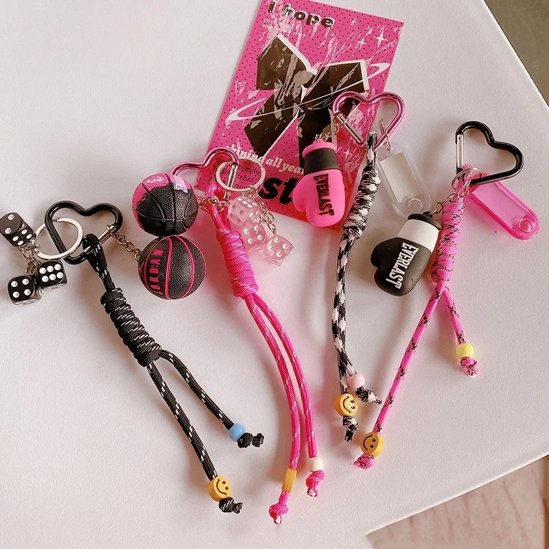 Y2K Pink Sports Party Basketball Braided Rope Phone Charms Keychain Boxing Glove Nylon Rope Bag Hanging Home Decoration