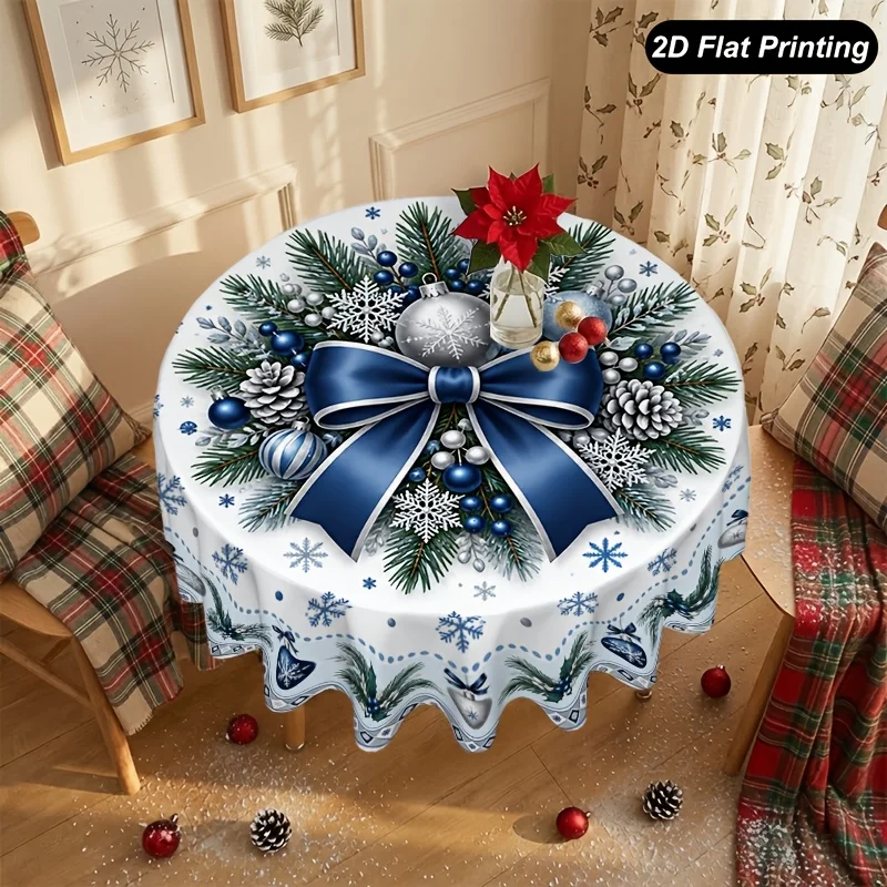 1 piece, Christmas round tablecloth, blue Christmas bow, perfect to decorate your table and home environment