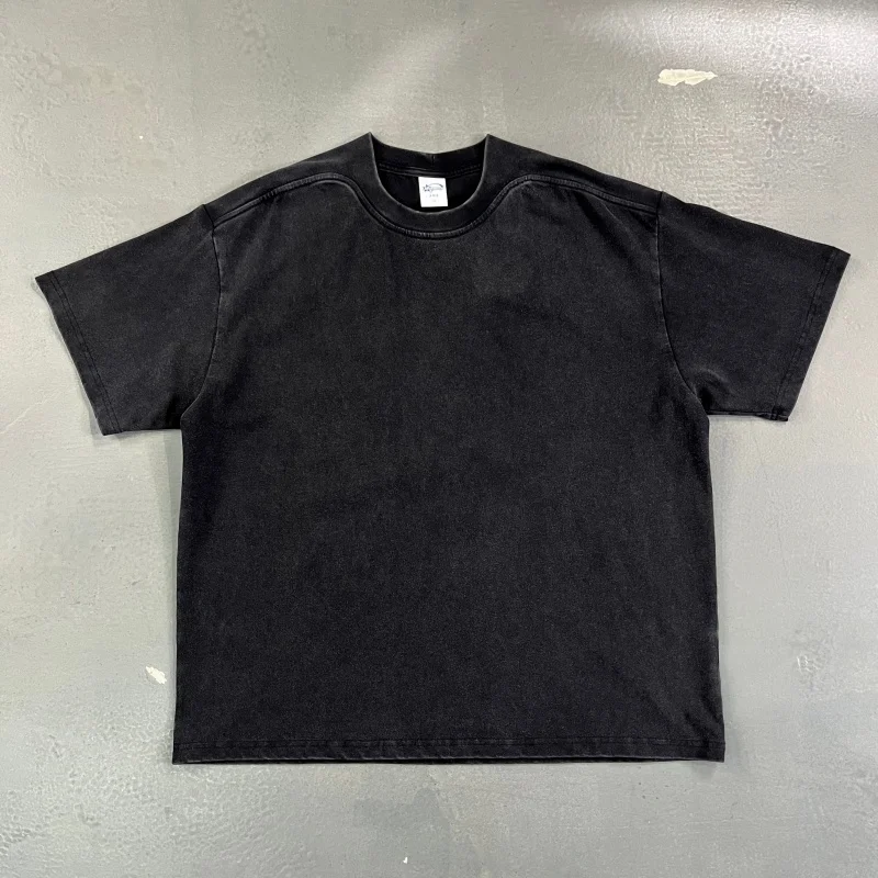 High Quality Heavyweight Cotton Men's T-Shirts Acid Wash Distressed One-Piece Ribbed Neck & Shoulder Casual Short Sleeve Tops