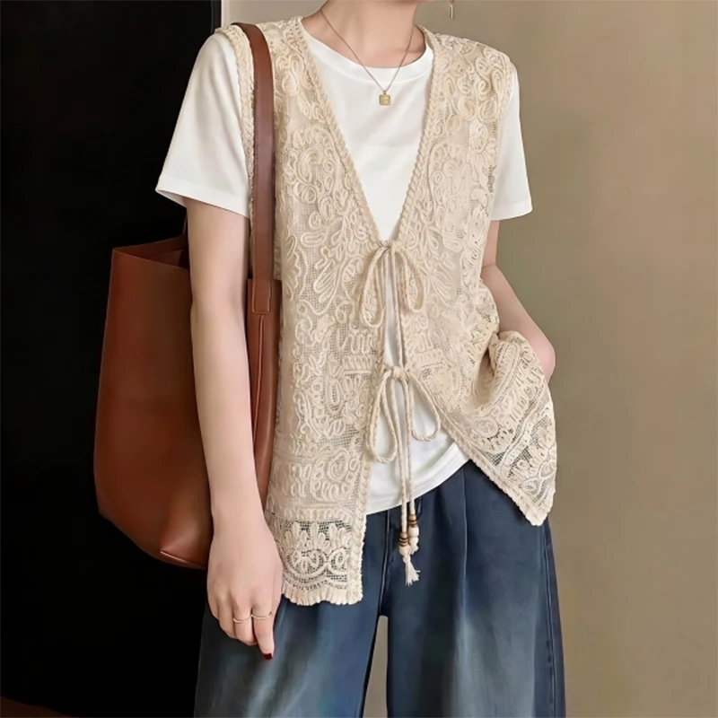 Tie Front Crochet Vest for Women Sleeveless Tie-up Open Stitch Knitted Waistcoat Jacket Beach Cover-up Summer Festival Boho Chic