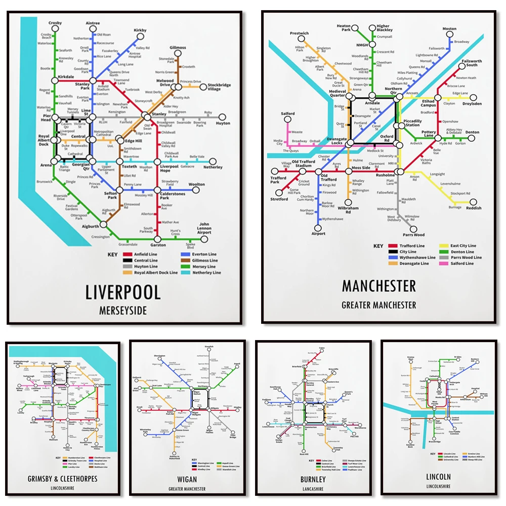 Scunthorpe Lincolnshire, Wigan Greater Manchester North West, Liverpool Merseyside subway style traffic street map poster