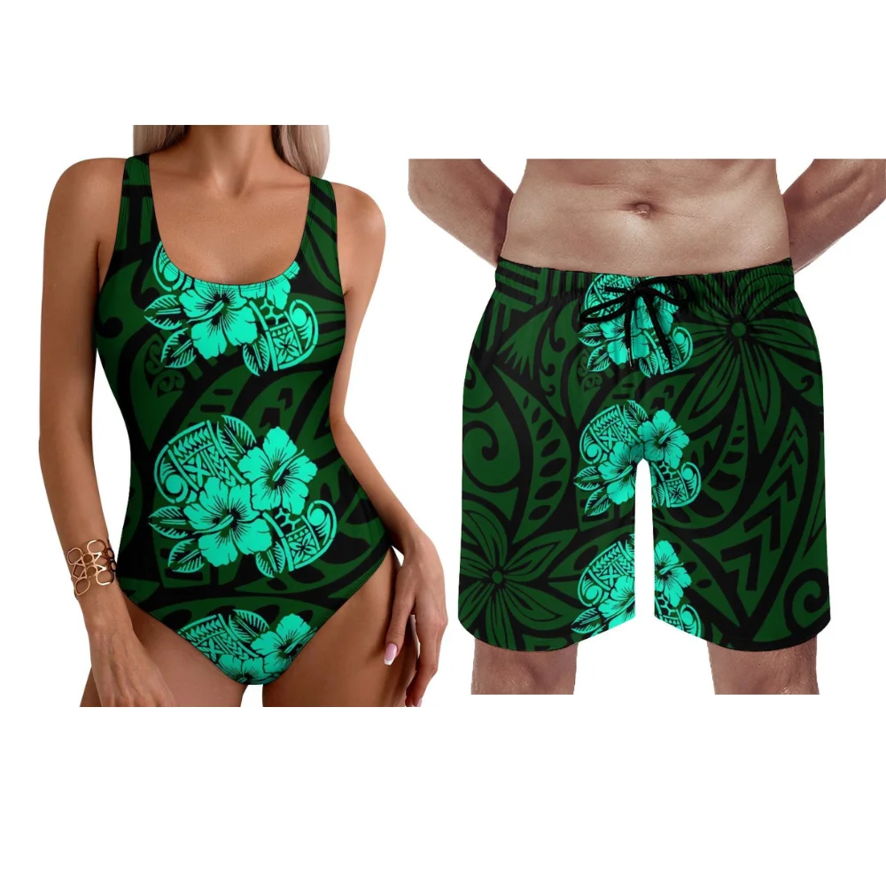 Polynesische aanpasbare dames bikini heren zwemshorts Plumeria print Hawaii stijl 2025, nieuwjaarsstrandset