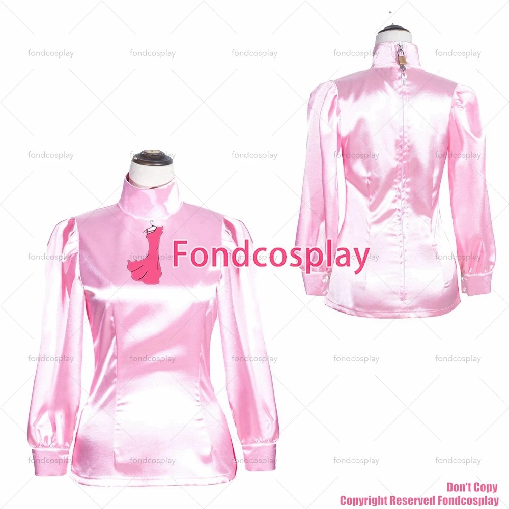 fondcosplay adult sexy cross dressing sissy maid short French baby pink satin shirt Uniform Lockable Costume CD/TV[G4006]