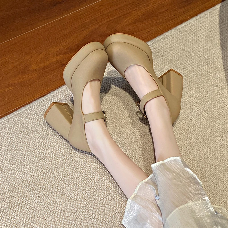 

Women Elegant Leather Shoes Spring New Fashion French Style Soft Bottom Anti-slippery Versatile Mary Jane Dress Heels Shoes