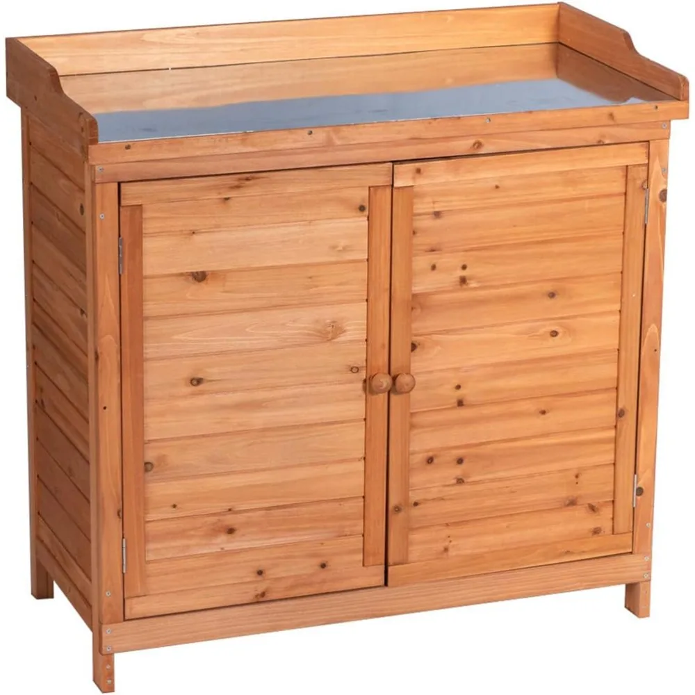 

Outdoor Garden Patio Wooden Storage Cabinet, Waterproof Tool Shed with Potting Bench & Workstation Table