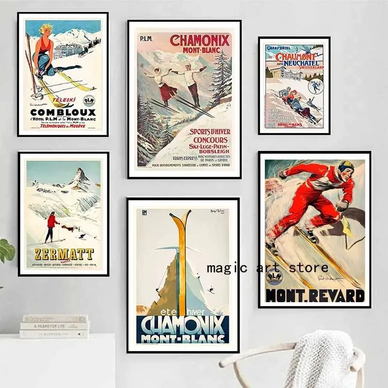 Retro Zermatt Chamonix Skiing Art Poster Vintage Australia France Ski Canvas Painting Wall Art Travel Picture Home Decor Cuadros