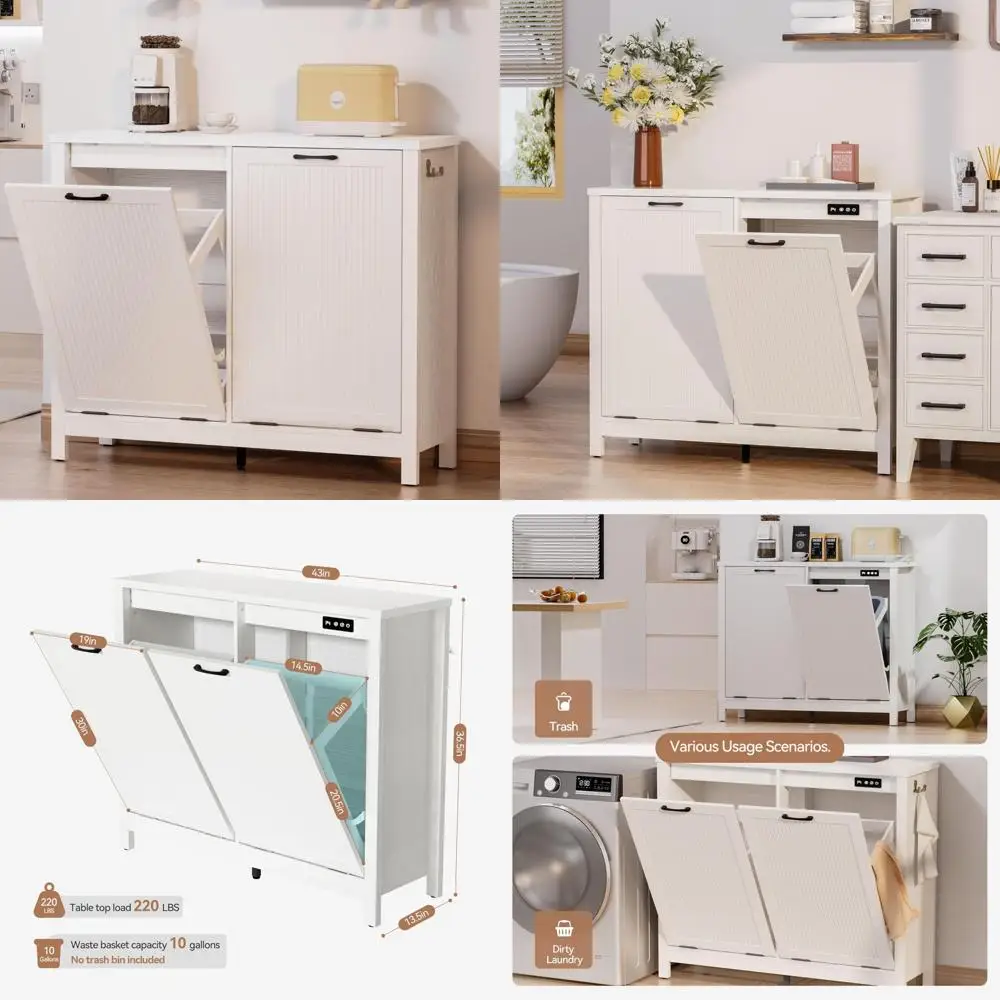 

Double 10 Gallon Tilt-Out Wooden Trash Cabinet with Odor Control, Fluted Design for Hidden Garbage Storage