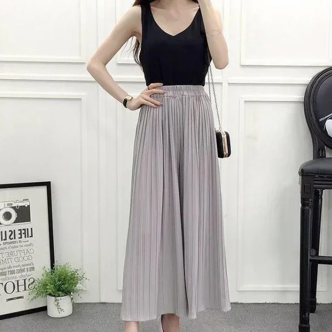 Sommer Neue frauen Hosen Koreanische Mode Feste Elastische Taille Gefaltete Lose Rock Hosen Plus Größe Casual Breite bein abgeschnitten Hosen – Detail 7