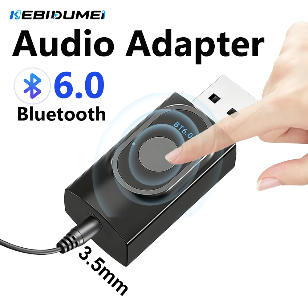 KEBIDU Bluetooth 6.0 Adapter Audio Transmitter Receiver Car Hands-free Music Adapter 3.5mm AUX Stereo One-Click Switch Adapter