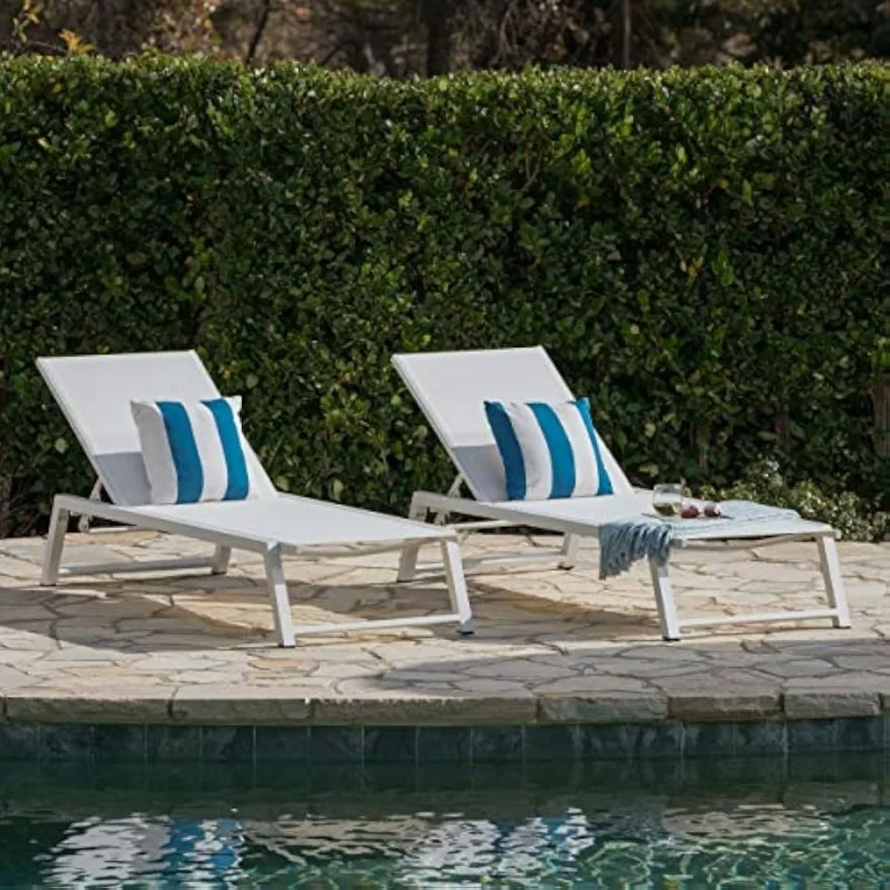 Belle Outdoor Mesh Chaise Lounges - 2-Piece Set in White Mesh and White