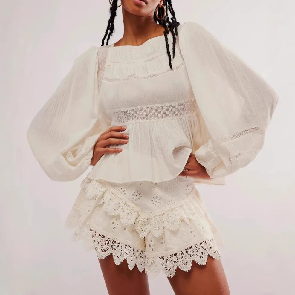 Cake-layered Lace-trimmed Short Skirt Hot Pants Sexy High-waisted Skirt-pants Skorts Fashion Women U5ZK