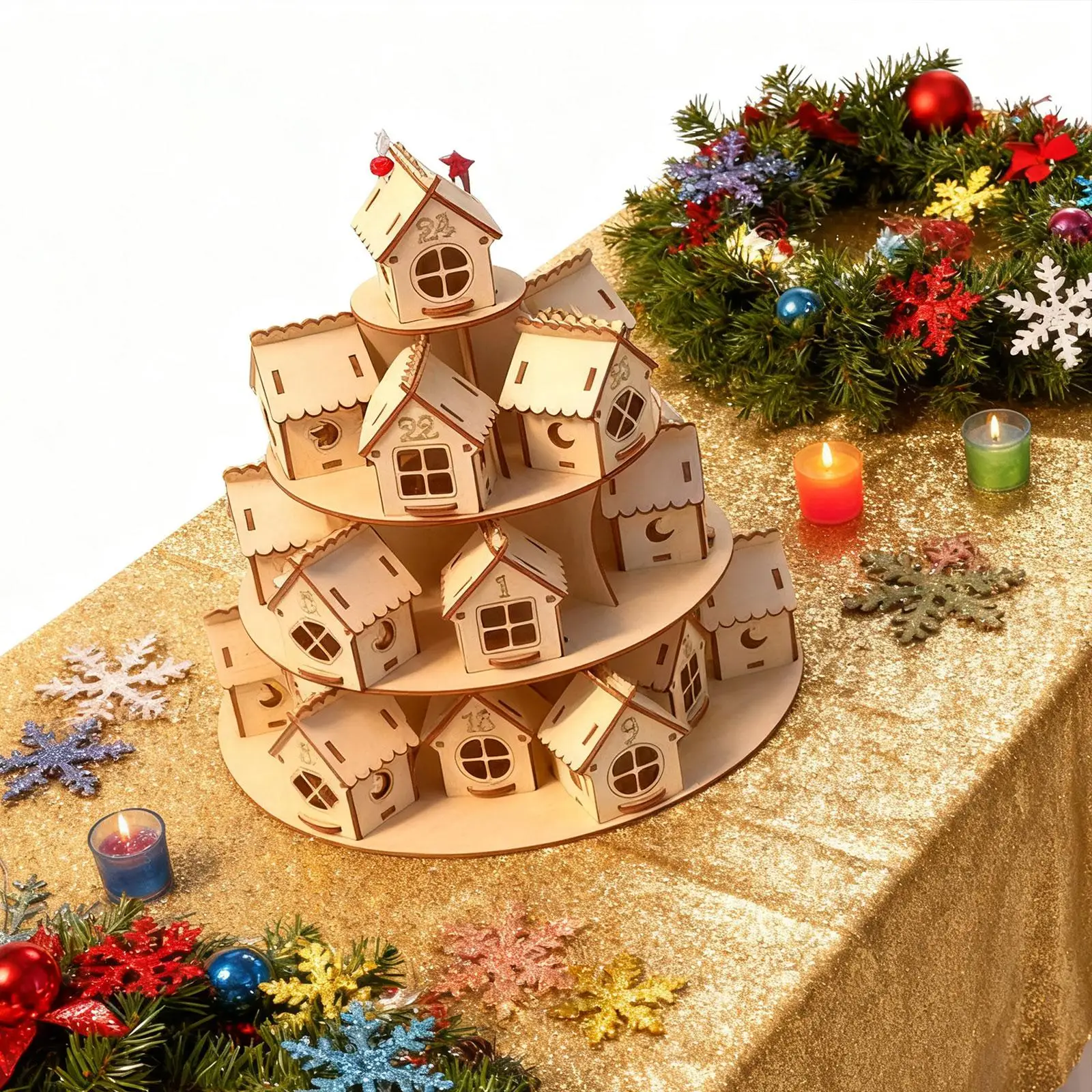 

24 Day Advent Calendar Wooden House Reusable Creative Holiday Decor Supplies Wooden Christmas Decoration for Office Party
