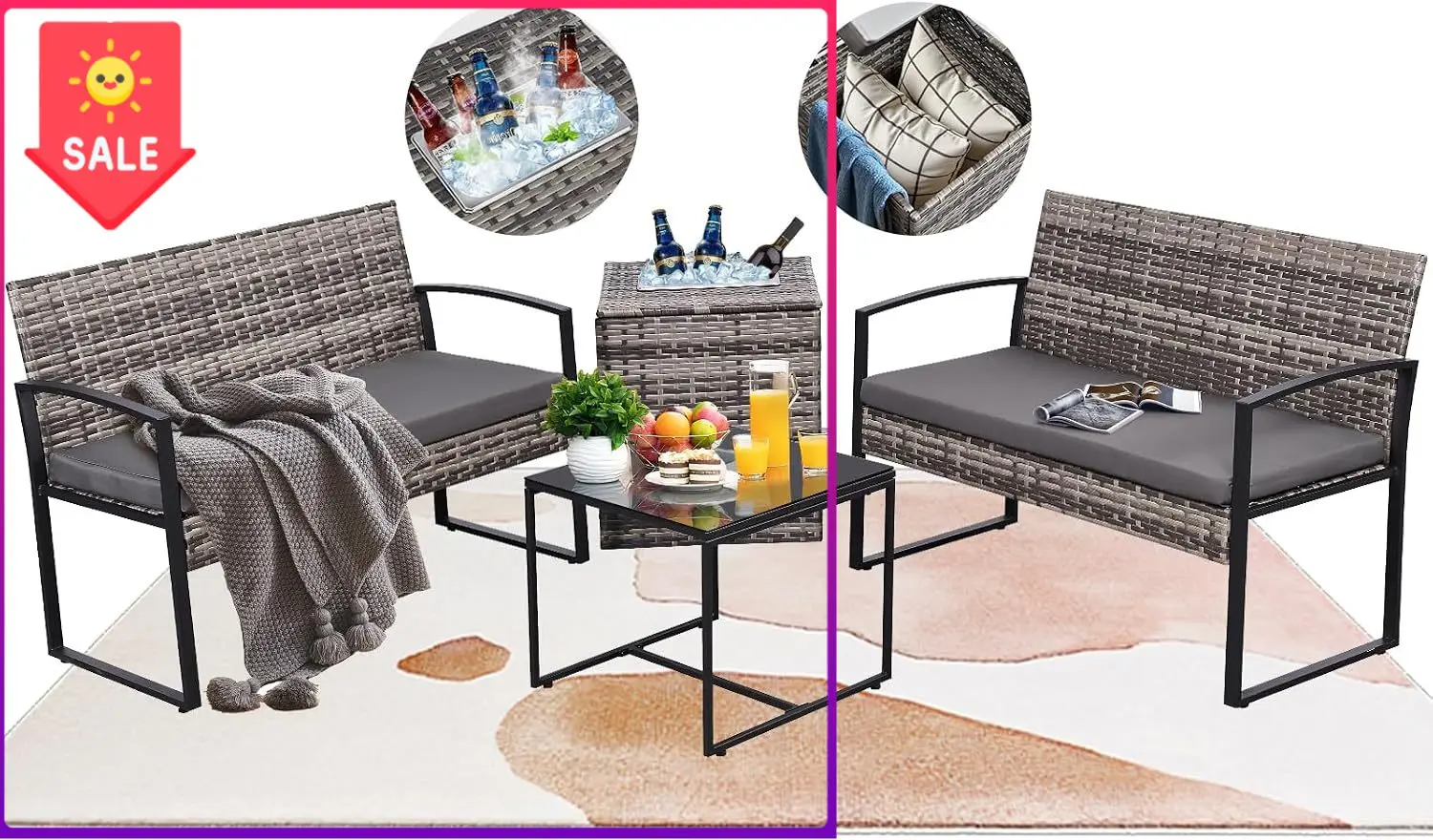 4 Piece Patio Furniture Set w/Built-in Cooler Storage Box, Grey/Grey | All-Weather Hand-Woven Rattan | Tempered Glass Table | Be