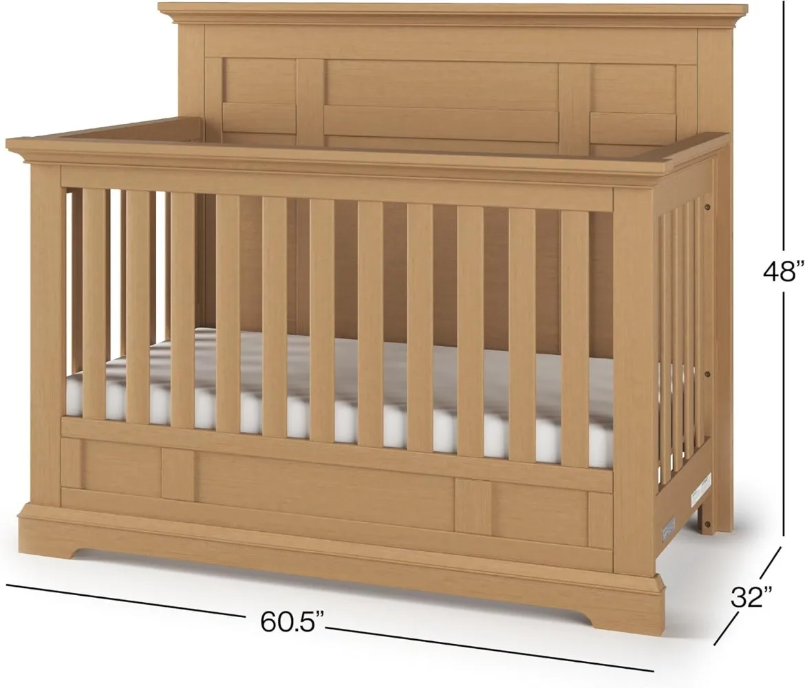 Das umwandelbare 4-in-1-Kinderbett Jordyn mit vollem Panel, das Babybett umwandelt sich in Tagesbett, das Kleinkindbett und das Bett in voller Größe