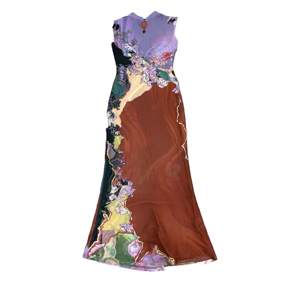 Novo vestido Qipao reversível estilo chinês: cauda de sereia, vestido colete estampado.