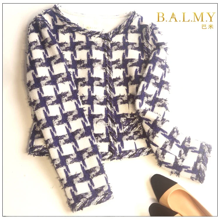 New  women Small fragrant breeze Mao short coat blue grid Rough flowers can customized size