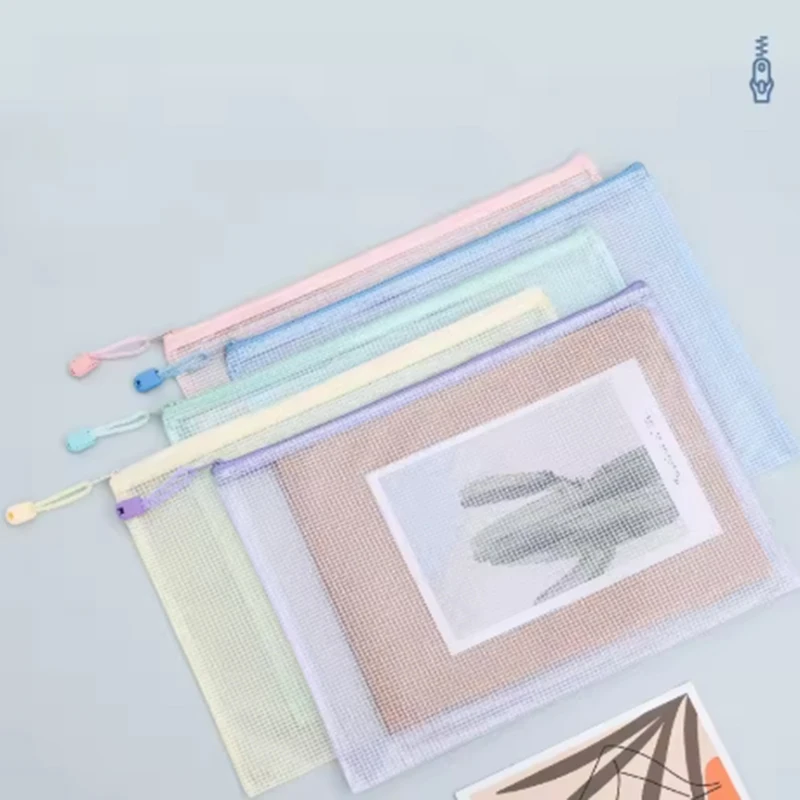 Macaron Grid Pen Bag - A4/A5 Size  Waterproof Transparent - Travel Bag Office Supplies File Bag Random Colors