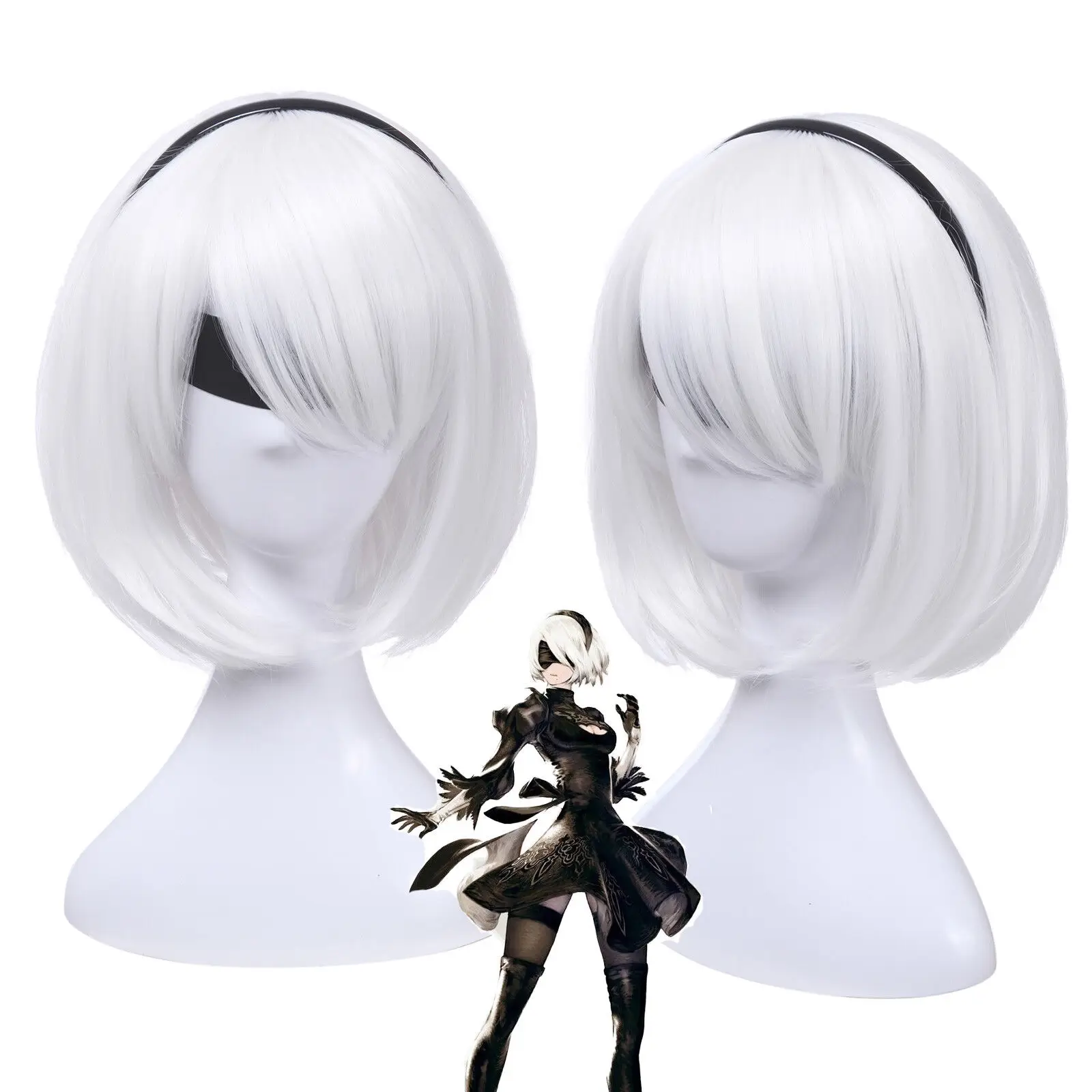 NieR Automata 2B YoRHa No. 2 Short Straight White Cosplay Wig Bob Hair Wigs