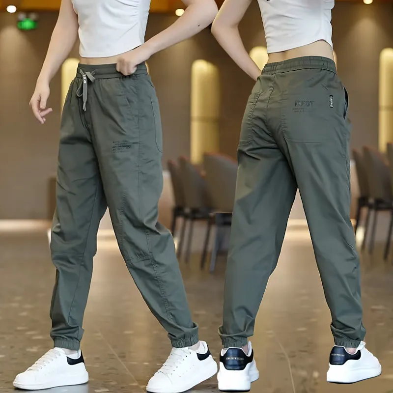 Ice Silk Loose Pants Women's Casual Sports Summer Thin Large Size Nine Points Cuffed Pants Commute Style Korean Version Pocke...