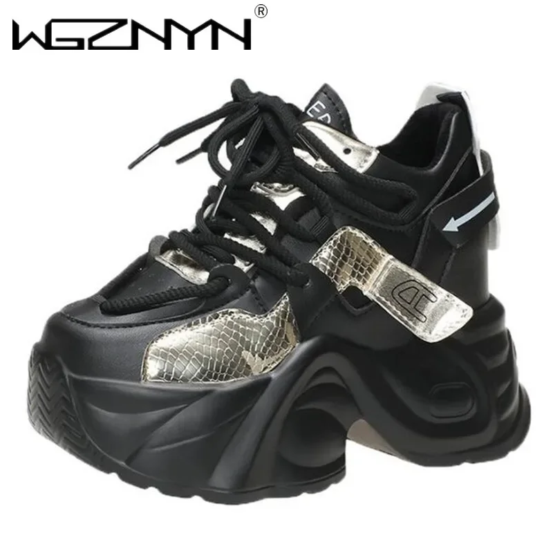 2024 High Heels Winter New 9.5CM Chunky Sneakers for Women Platform Sports Breathable Shoes Woman Lace-up Thick Bottom Dad Shoes