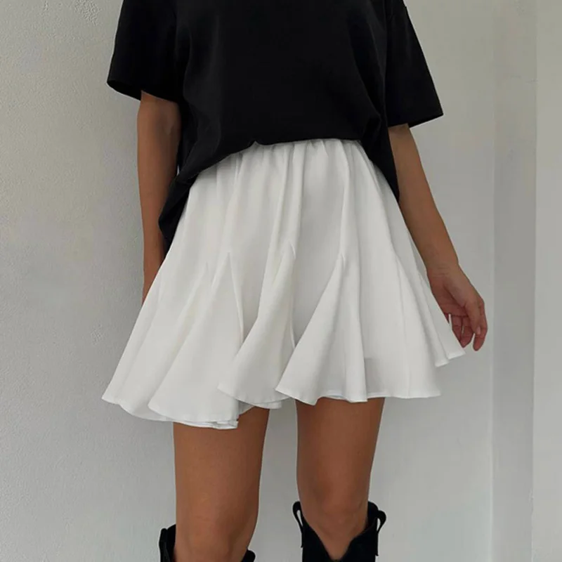 Women's Summer White Mini Skirt High Waist A-Line Vintage Ruffle Tennis Style Black Elastic Waist Cute Ruffle Short Skirts